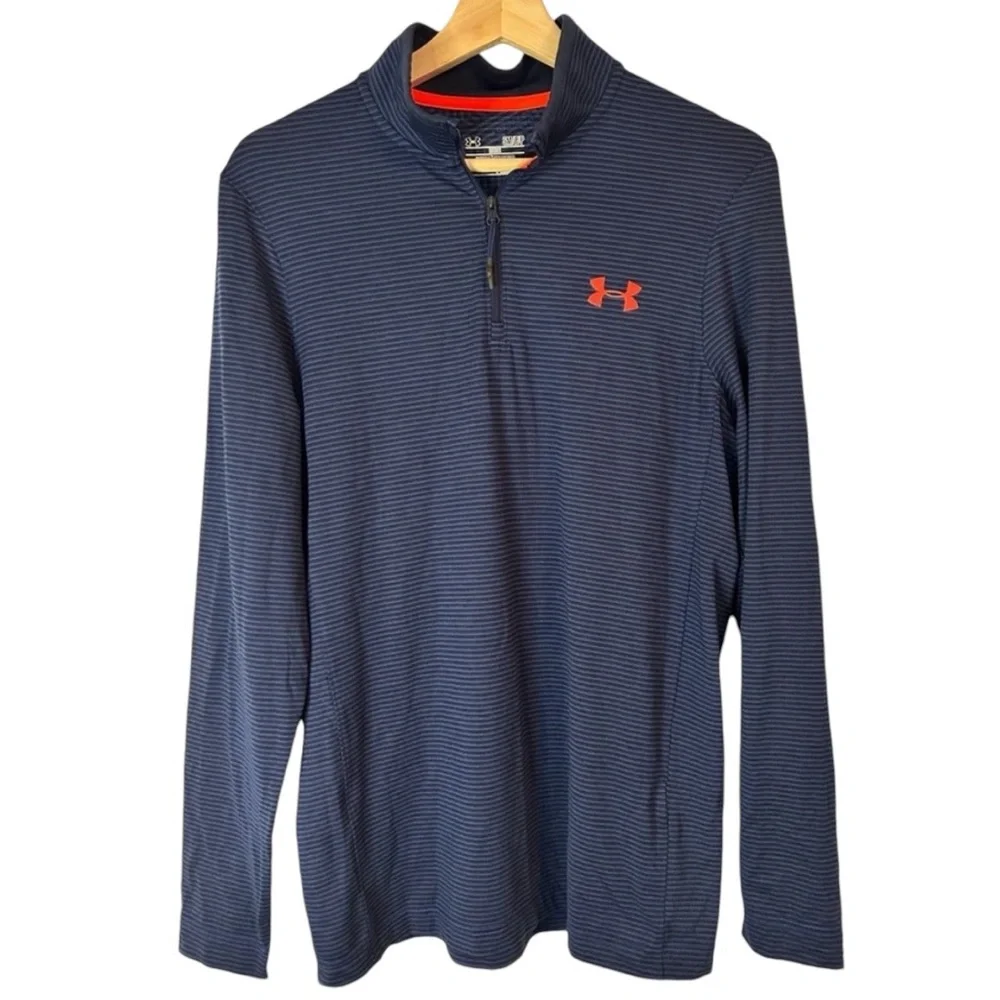 Under Armour ColdGear ¼-Zip Pullover Size Small Blue Striped w/ Neon Orange Logo